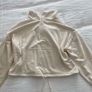 Cream zip hoodie with waist tie